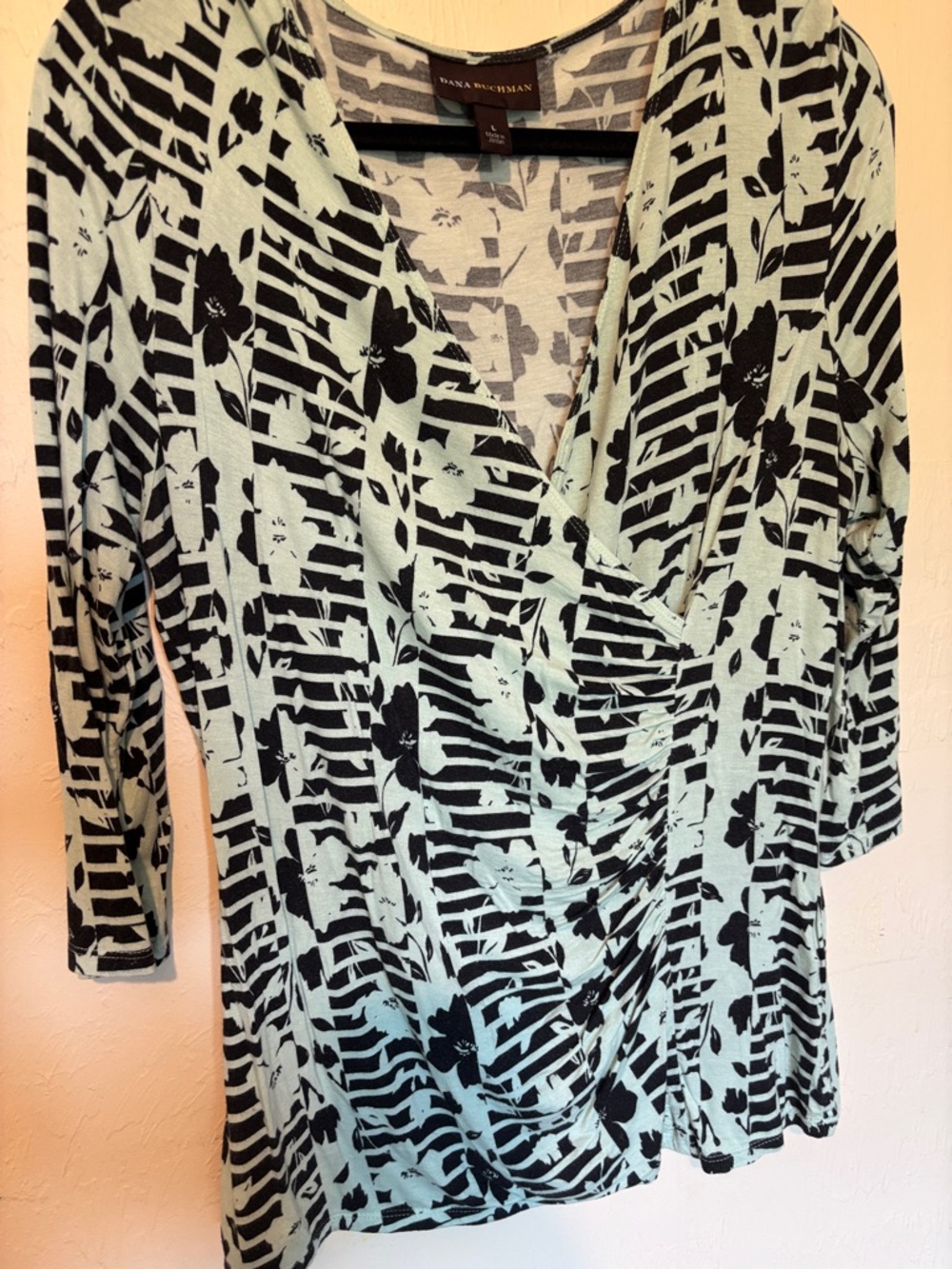 Dana Buchman Mint & Black Floral Stripe Wrap Blouse
